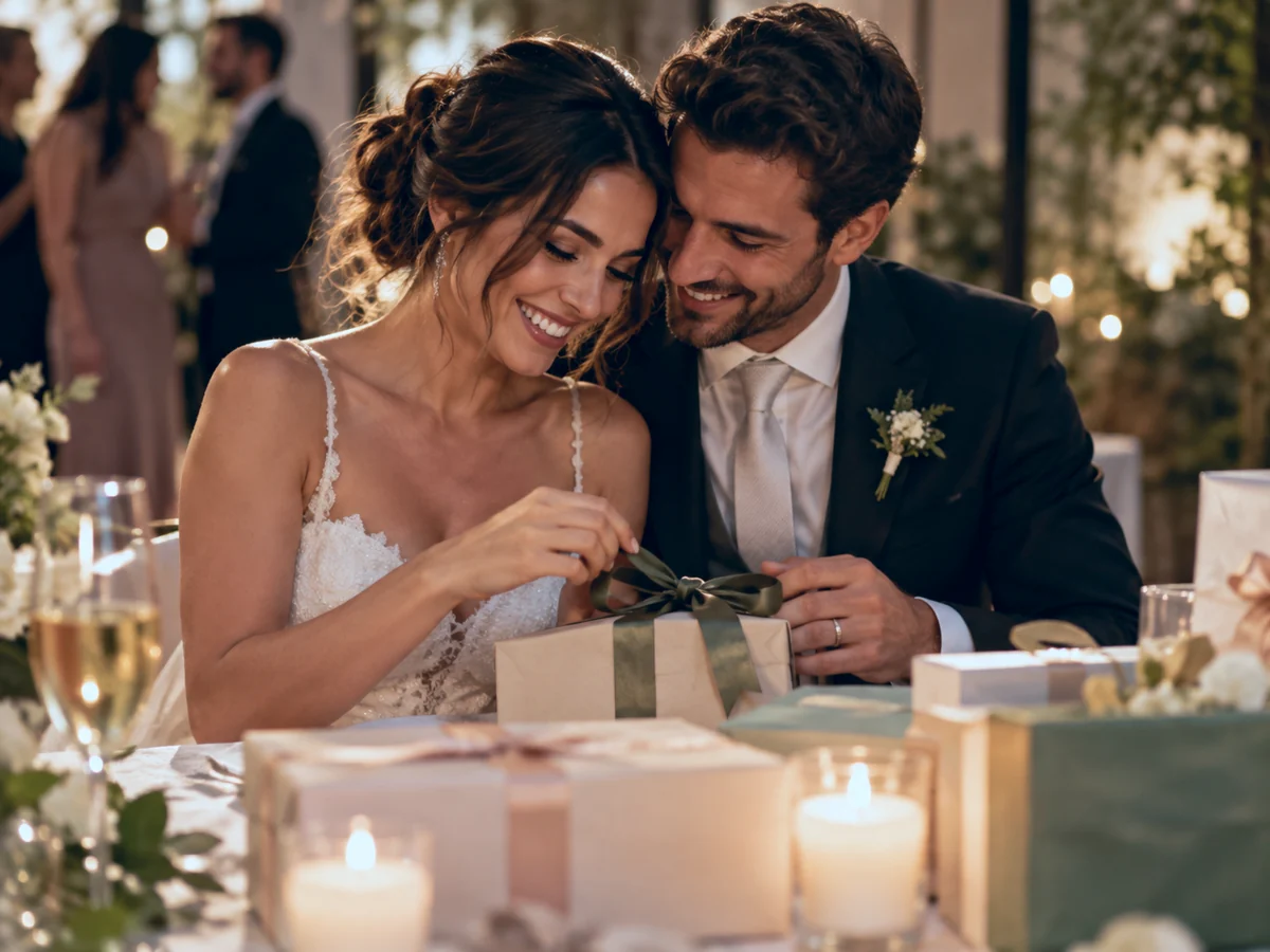 Casal abrindo presentes durante uma celebração de casamento