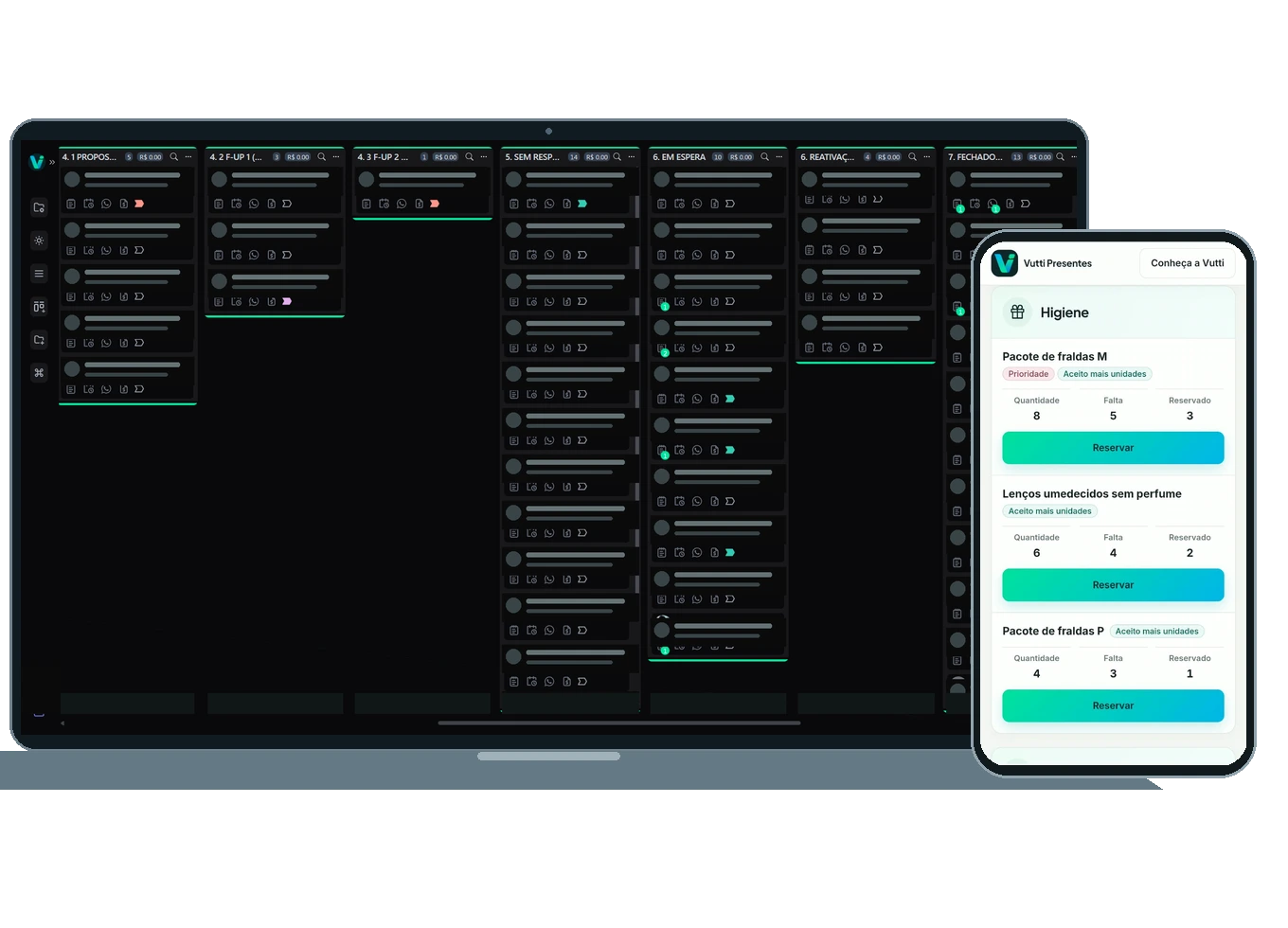 Vutti CRM no notebook e lista pública do Vutti Presentes no smartphone. Dados dos contatos ocultados.