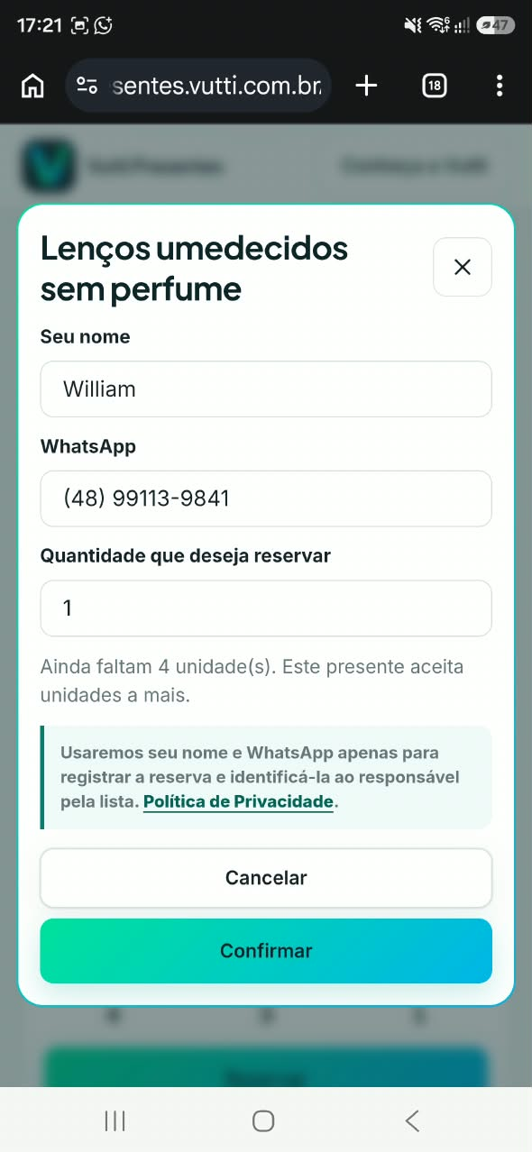 Modal original de reserva de Lenços umedecidos sem perfume