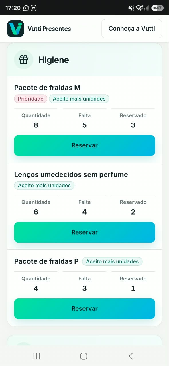 Presentes e quantidades disponíveis na lista pública pelo celular