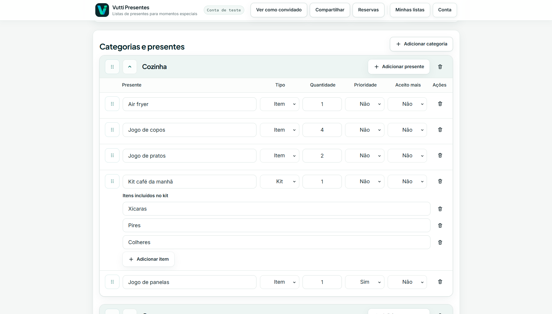 Editor de categorias e presentes da lista